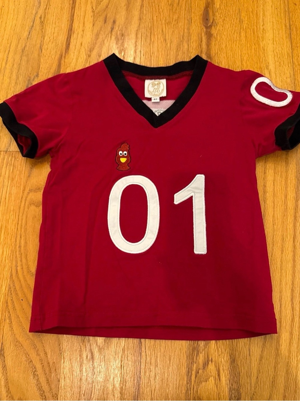 Kids Red Number 01 V-Neck Short Sleeve Tee with Embroidered Character